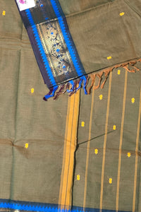 Stylish Army Green Cotton Saree with Dual Blue & Gold Border