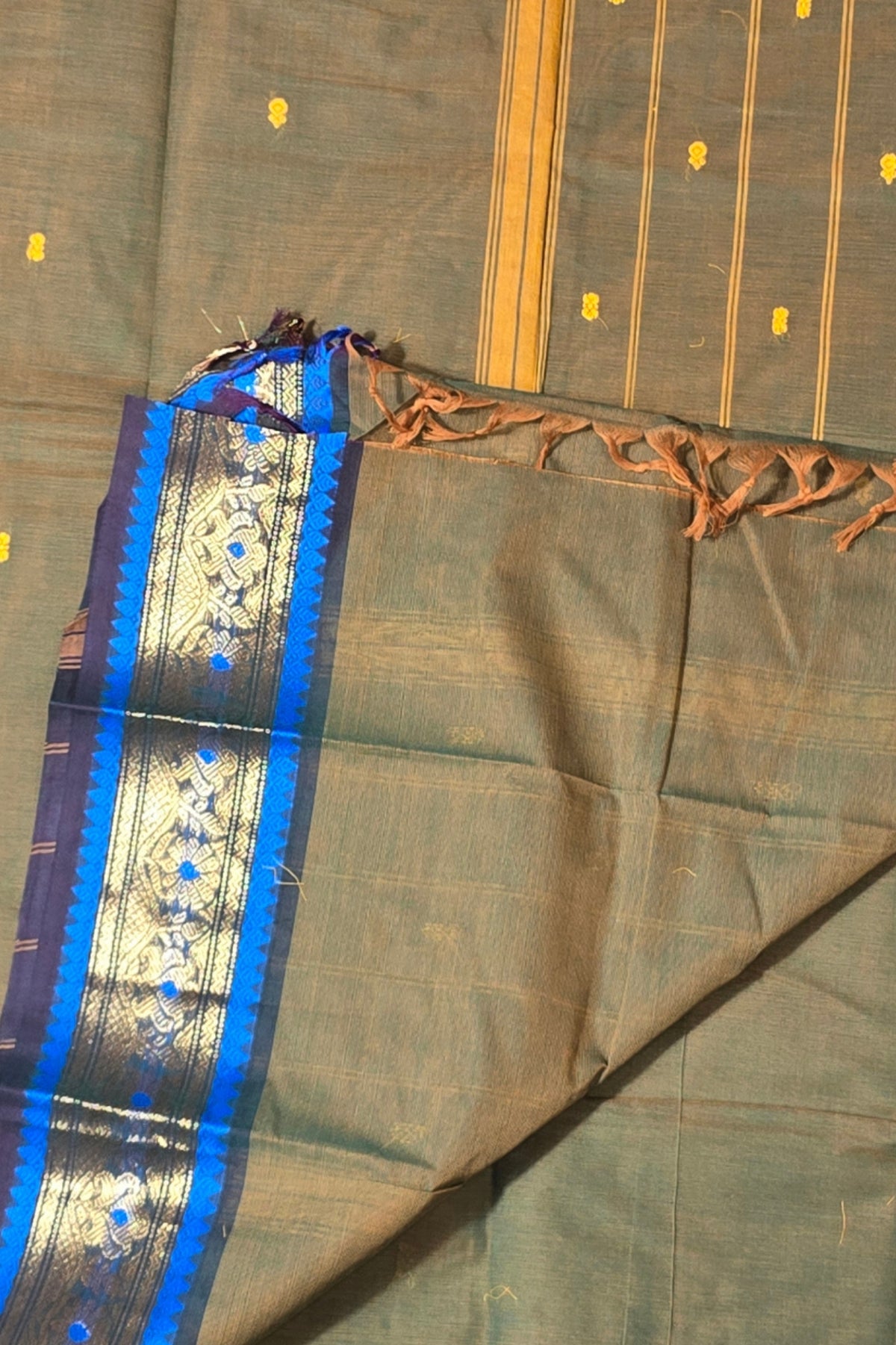 Stylish Army Green Cotton Saree with Dual Blue & Gold Border