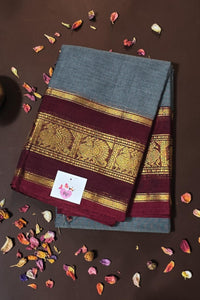 Elegant Grey Cotton Saree with Dark Scarlet Border