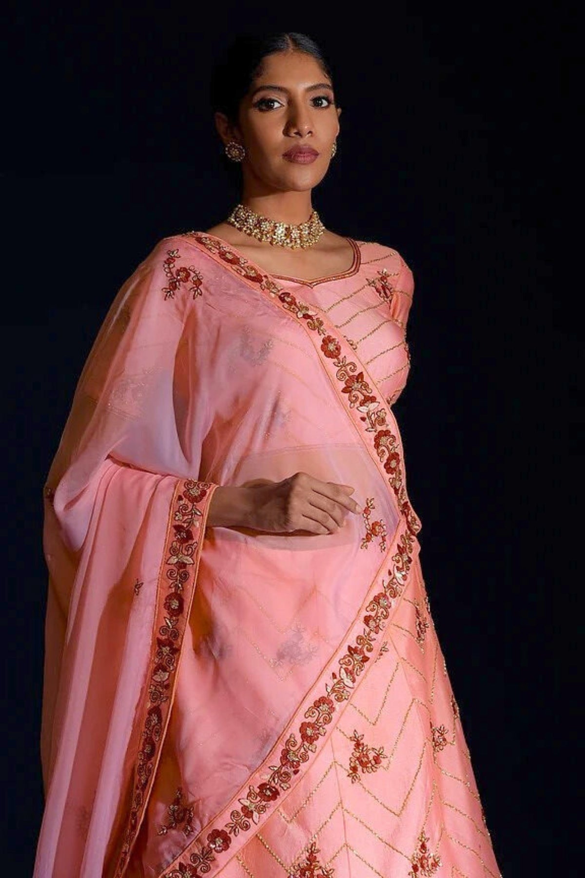 Woman wearing a pink saree with intricate designs on a black background