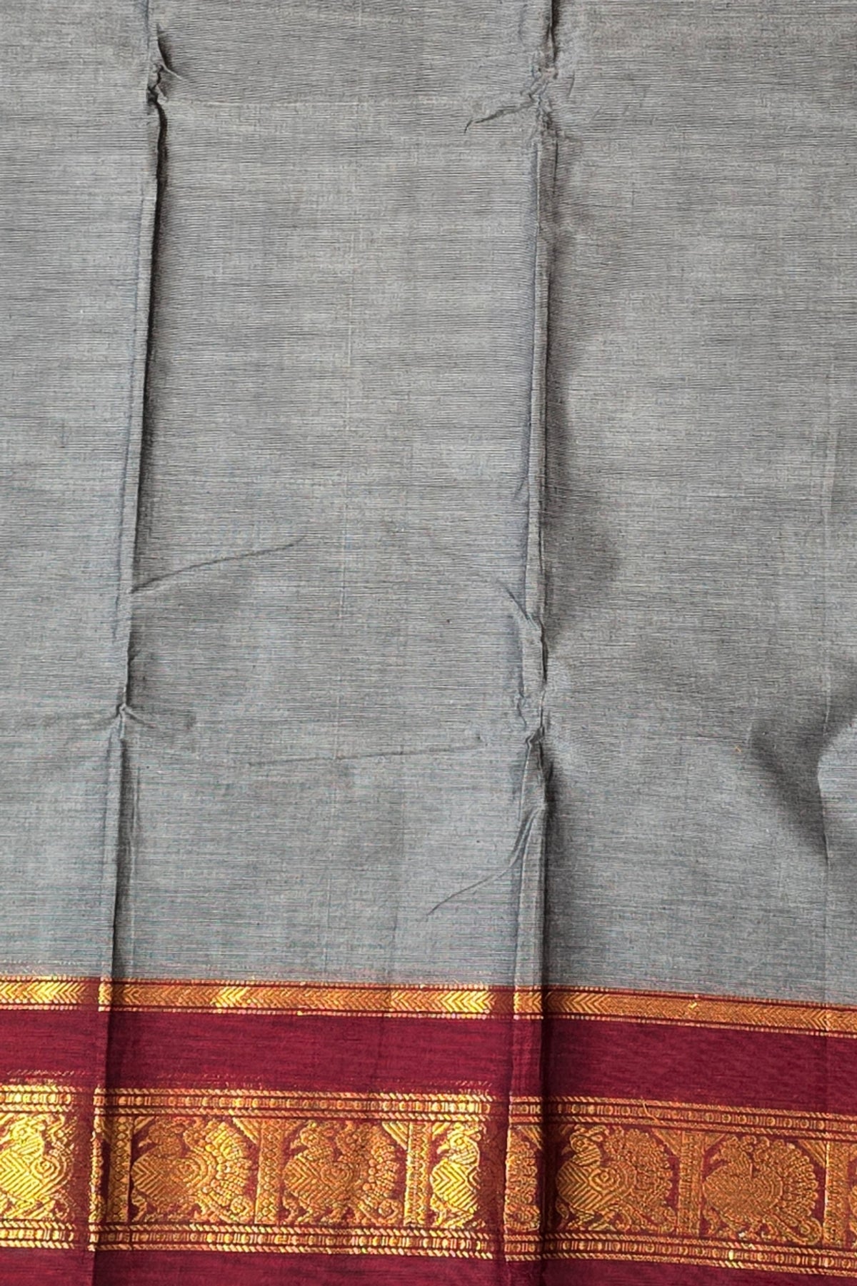 Elegant Grey Cotton Saree with Dark Scarlet Border