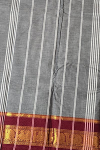 Elegant Grey Cotton Saree with Dark Scarlet Border