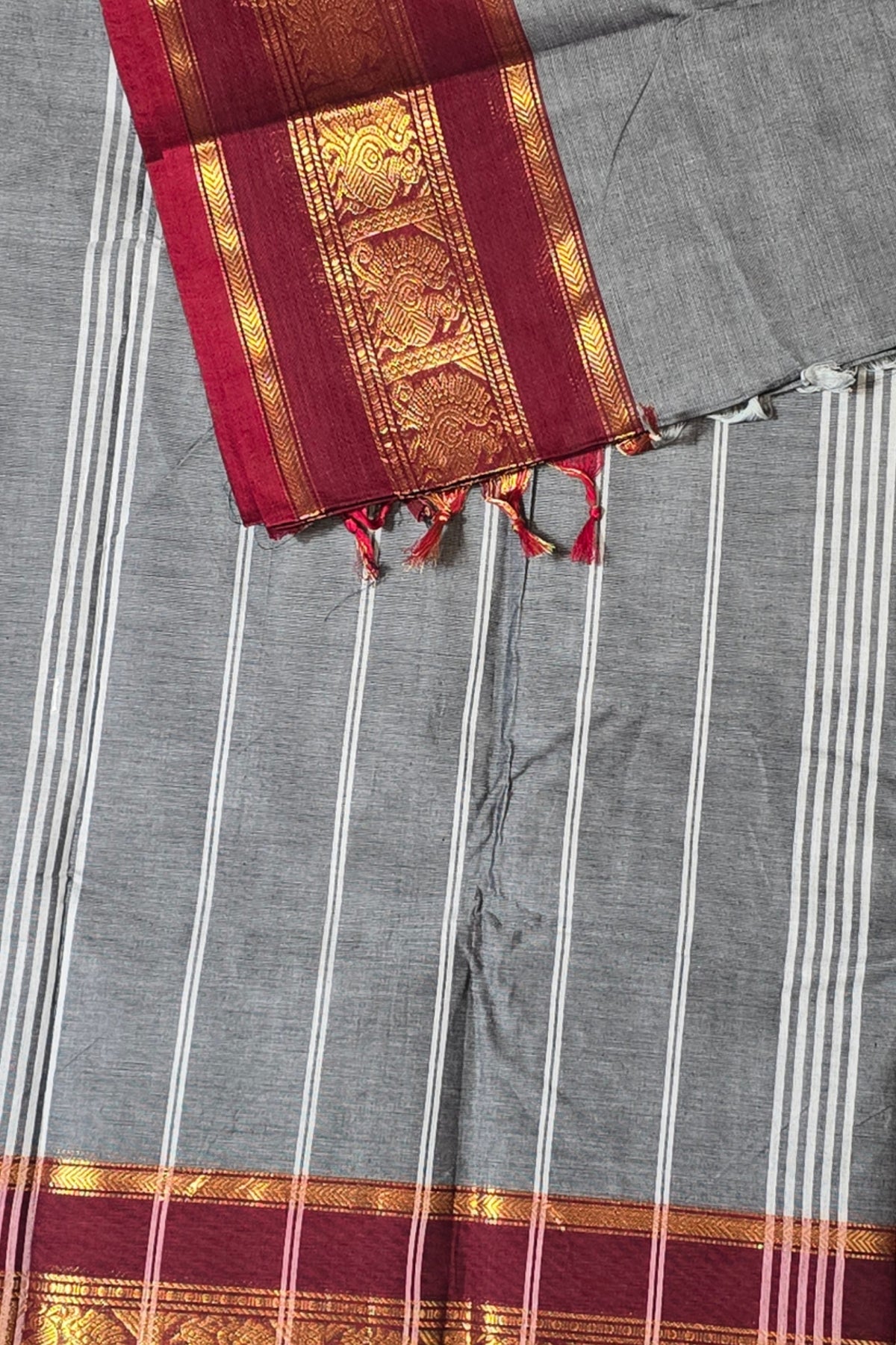 Elegant Grey Cotton Saree with Dark Scarlet Border