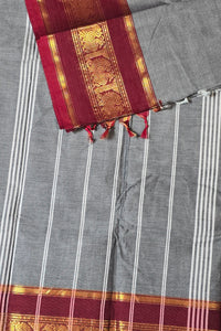 Elegant Grey Cotton Saree with Dark Scarlet Border