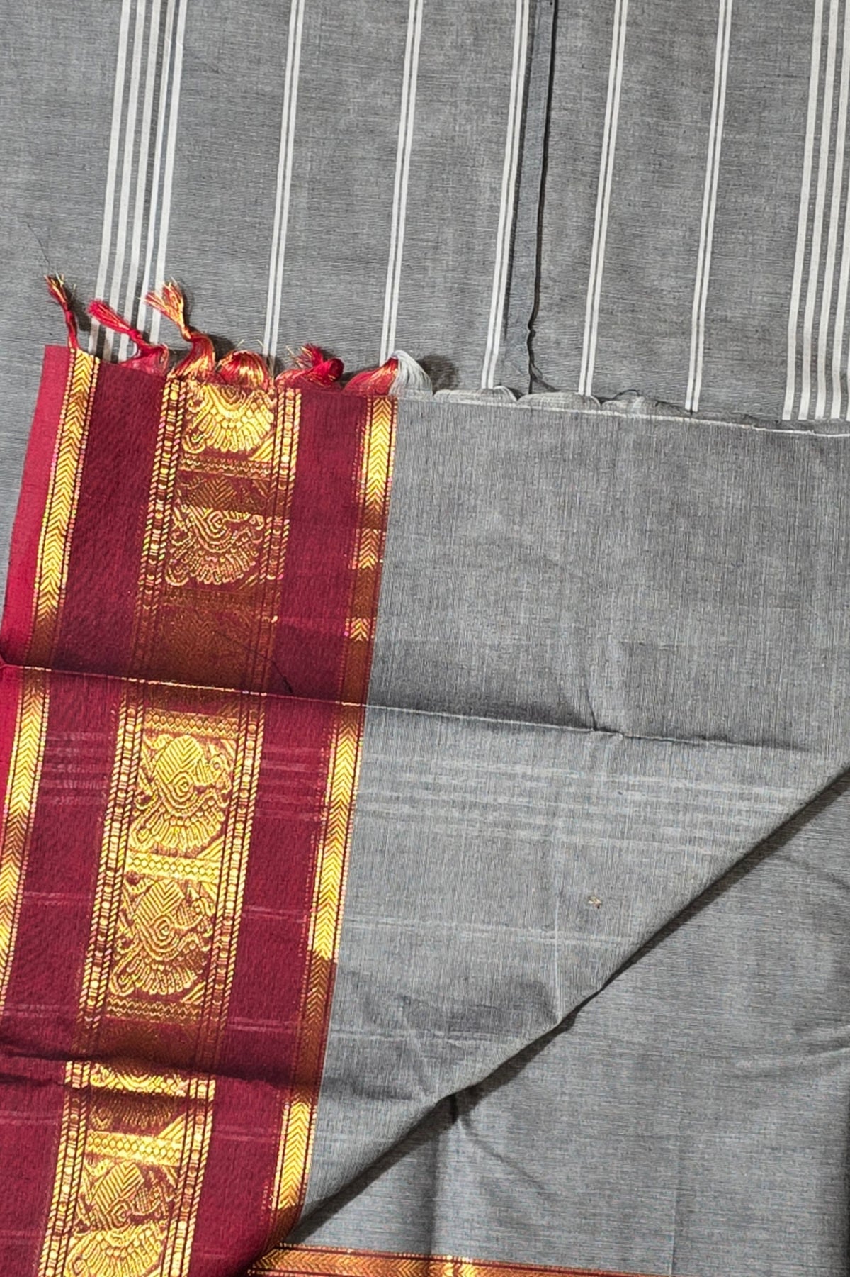 Elegant Grey Cotton Saree with Dark Scarlet Border