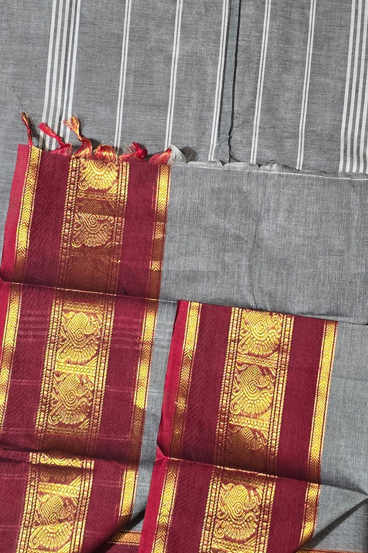 Elegant Grey Cotton Saree with Dark Scarlet Border