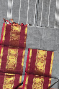 Elegant Grey Cotton Saree with Dark Scarlet Border