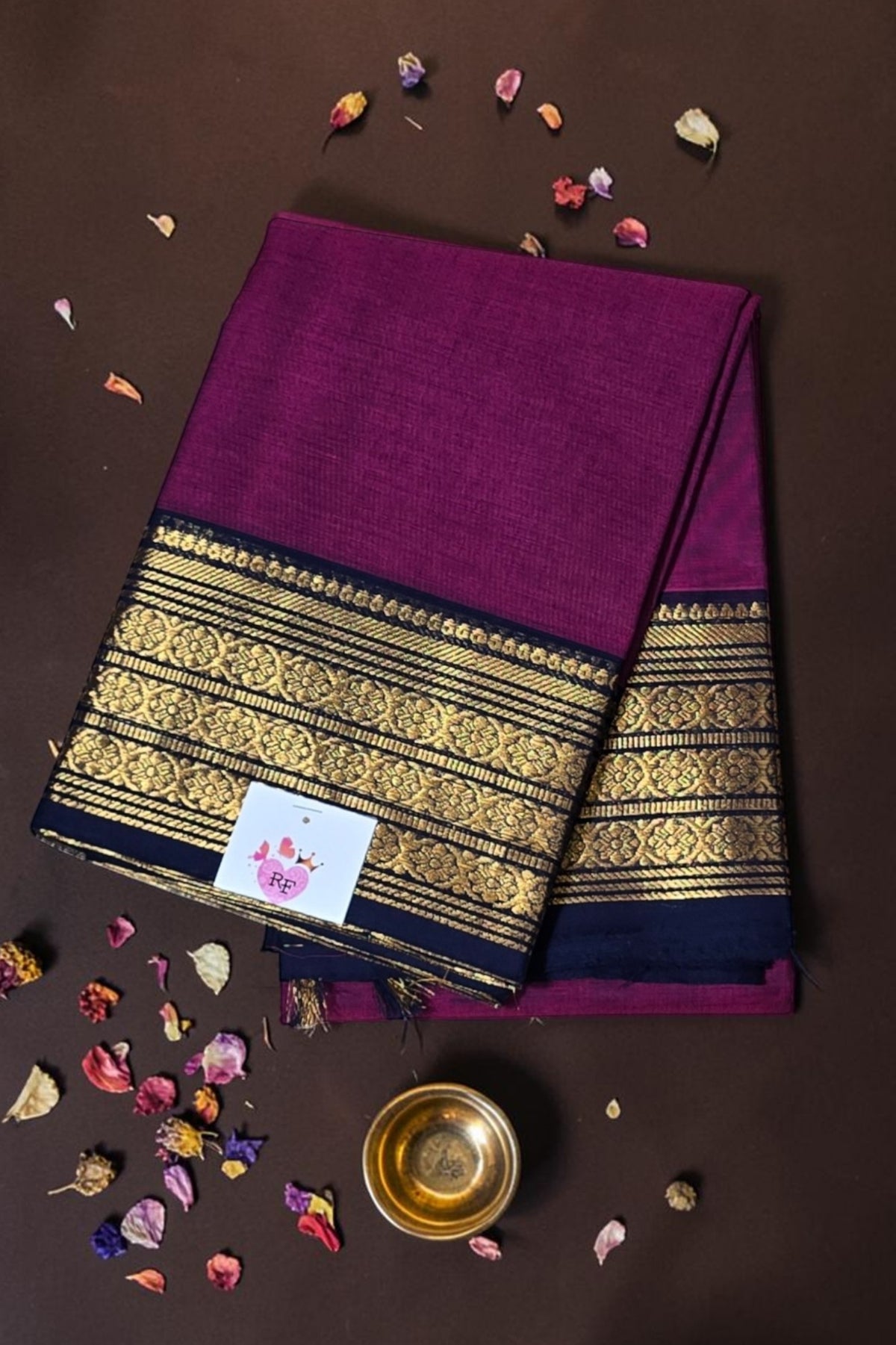 Elegant Purple Cotton Saree with Gold Border