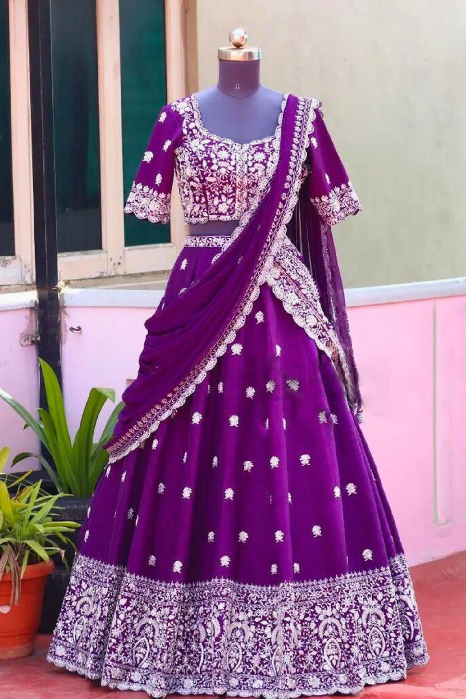 Dark Purple Bridal Embroidered Lehenga