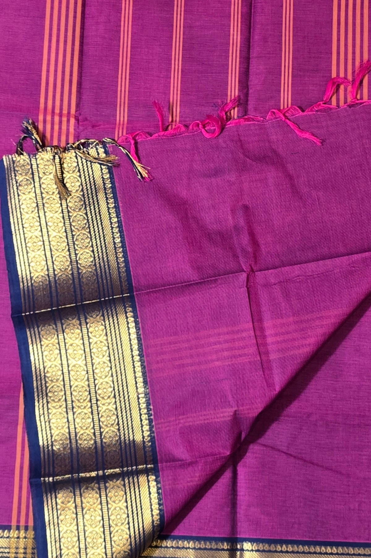 Elegant Purple Cotton Saree with Gold Border