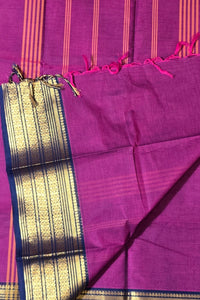 Elegant Purple Cotton Saree with Gold Border