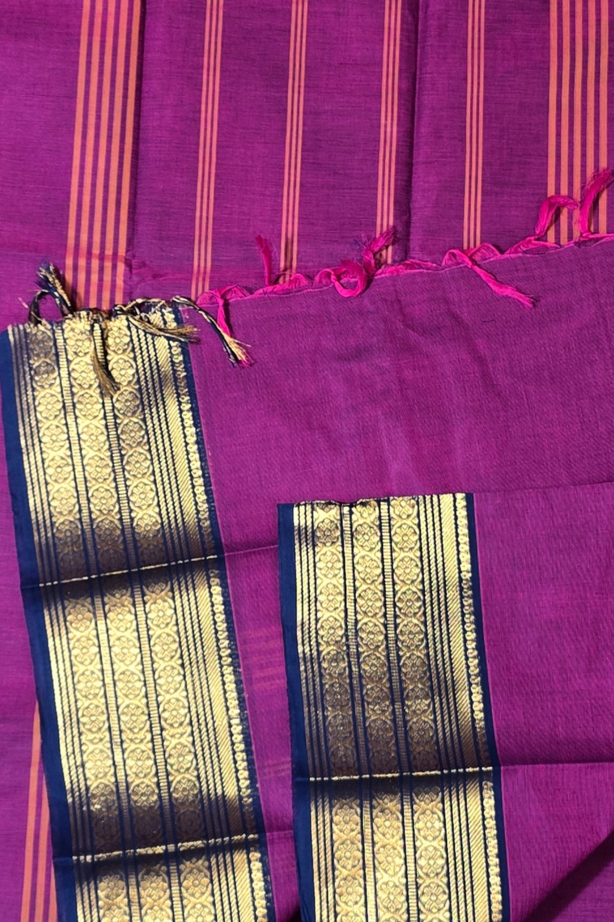 Elegant Purple Cotton Saree with Gold Border