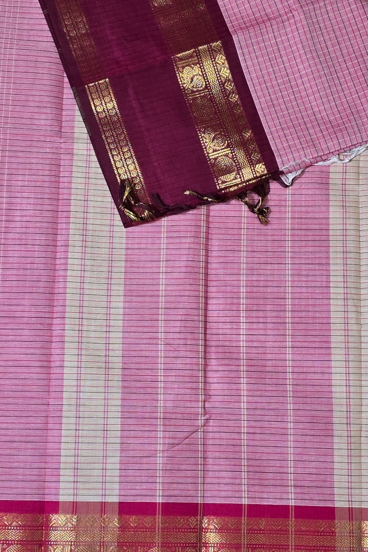 Graceful Light Pink Checked Cotton Saree with Dark Pink Broad Border