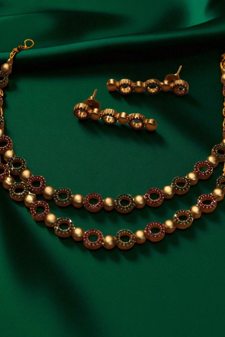 Enchanting Duo Pink & Green Stone Two-Step Necklace with Earrings