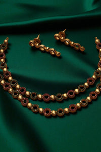 Enchanting Duo Pink & Green Stone Two-Step Necklace with Earrings