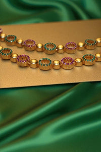 Enchanting Duo Pink & Green Stone Two-Step Necklace with Earrings