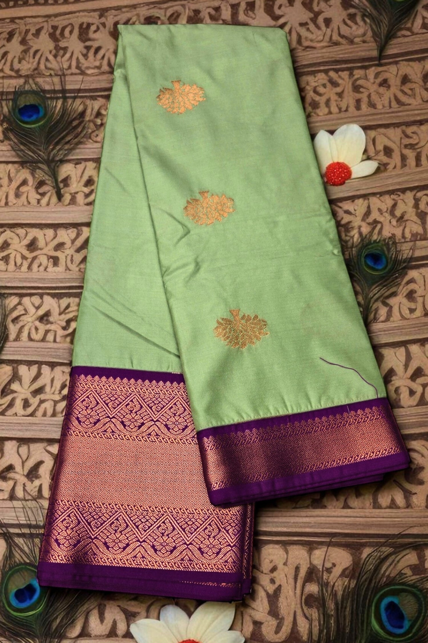 Light green saree with pink and purple border on a decorative background