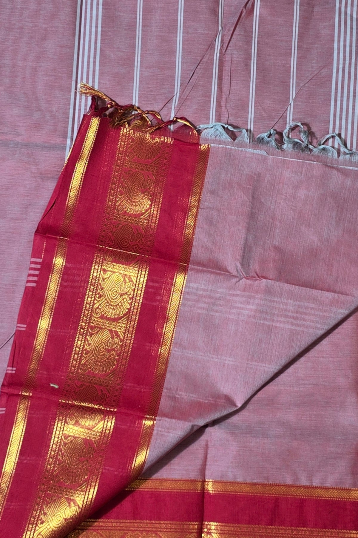 Elegant Old Lavender Cotton Saree with Red Border