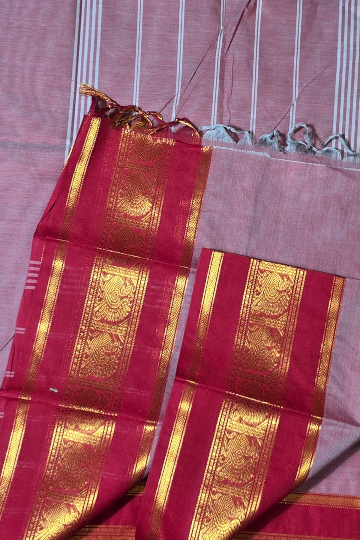 Elegant Old Lavender Cotton Saree with Red Border