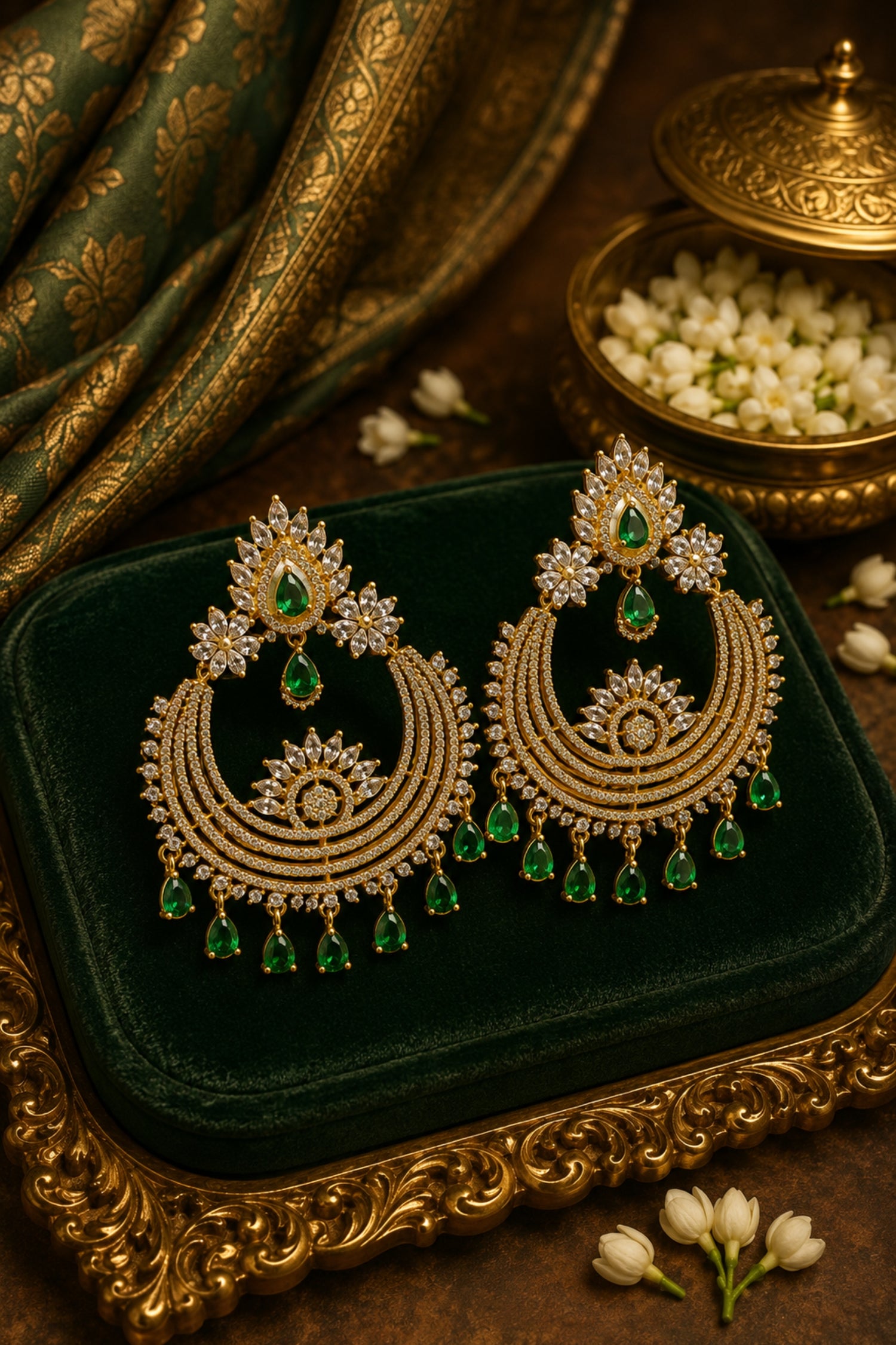 Ornate gold and green earrings on a green velvet cushion with a decorative background.