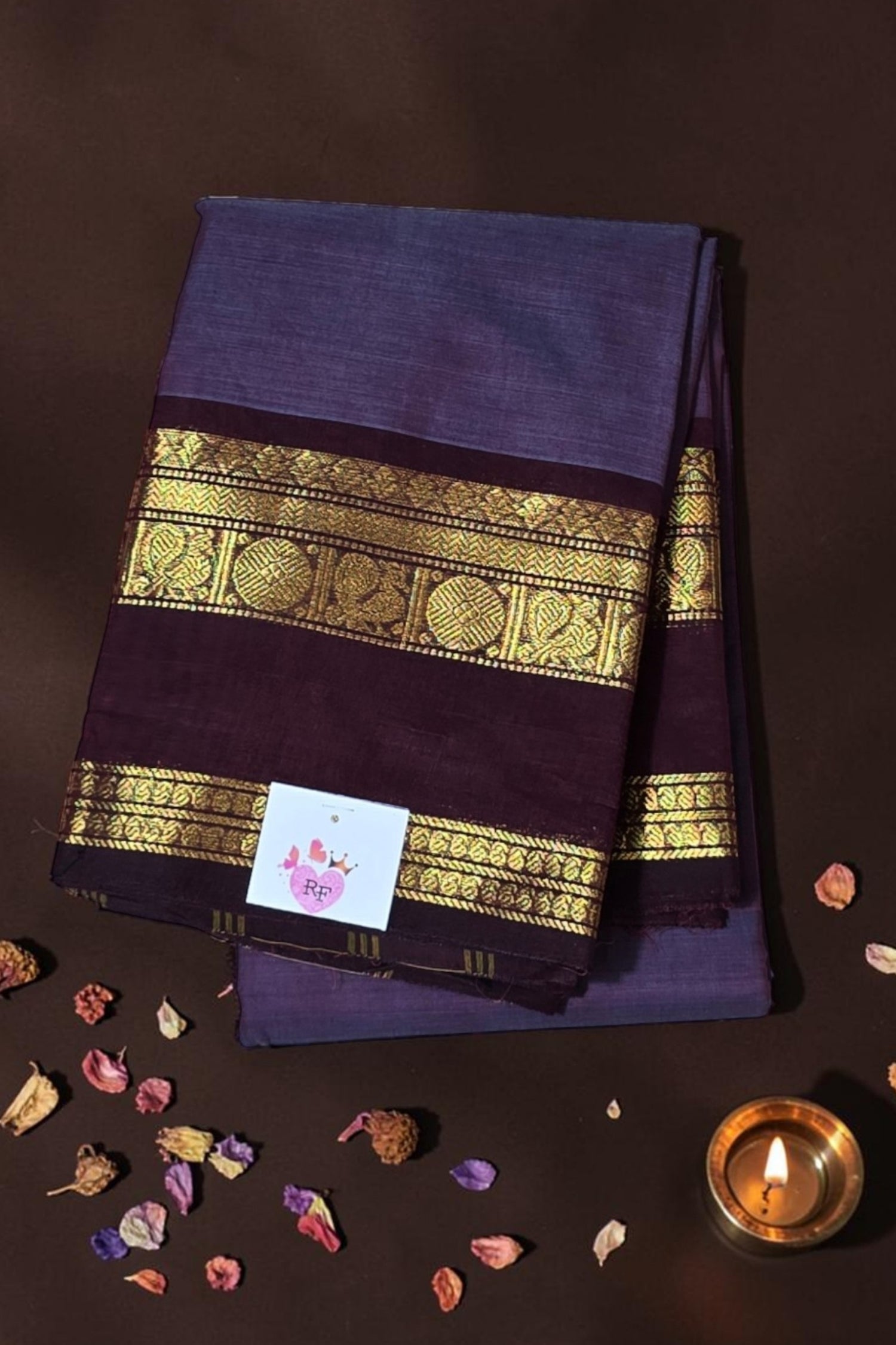 Elegant Davy lavender Cotton Saree with Seal Brown Border