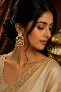 Woman wearing gold earrings with a traditional outfit, set against a warm background.
