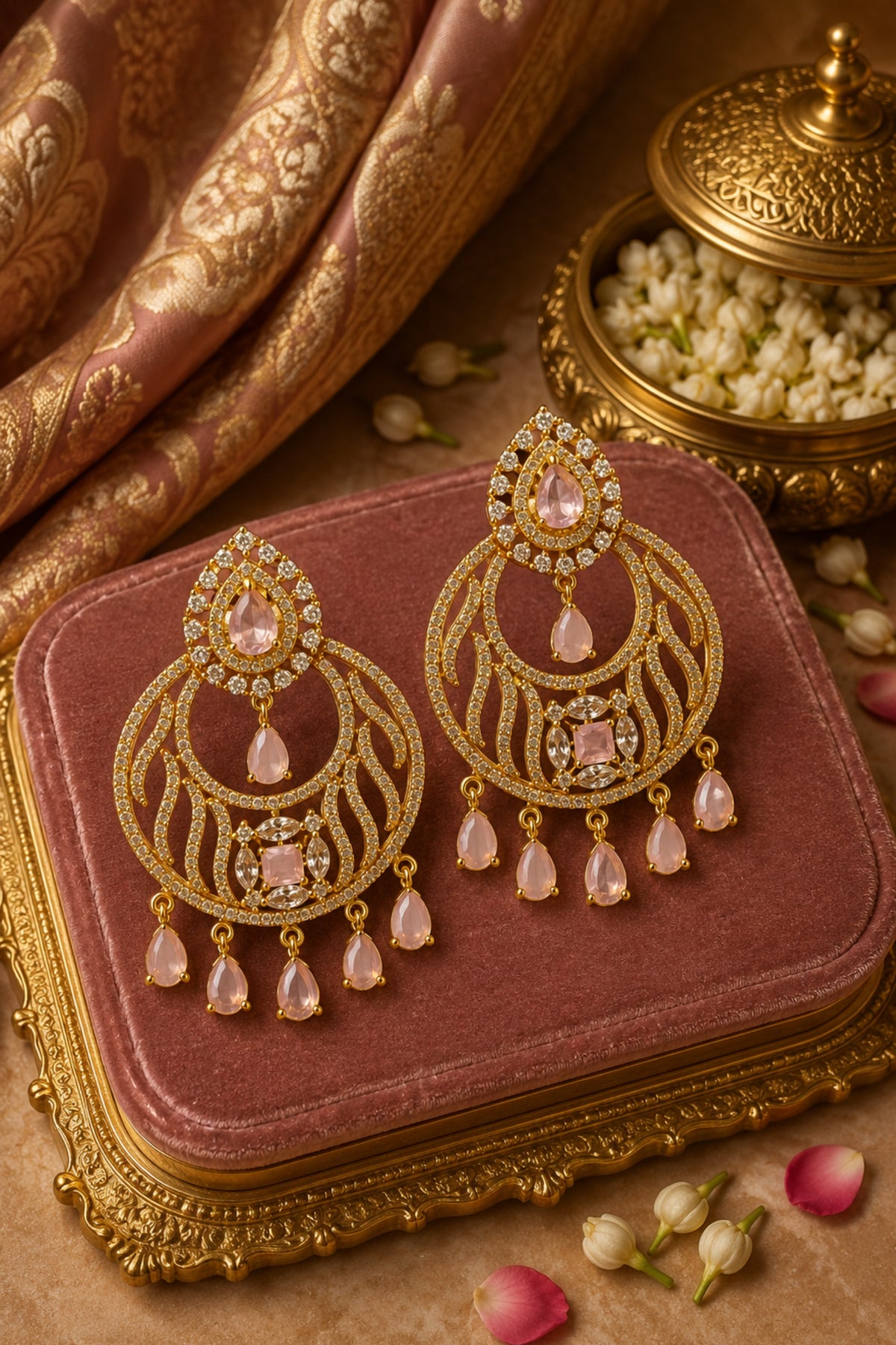 Ornate gold earrings with pink stones on a decorative pink box.