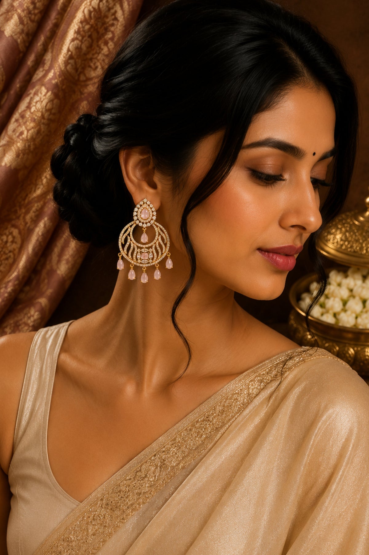 Royal Baby Pink CZ Chandbali Earrings with Teardrop Danglers