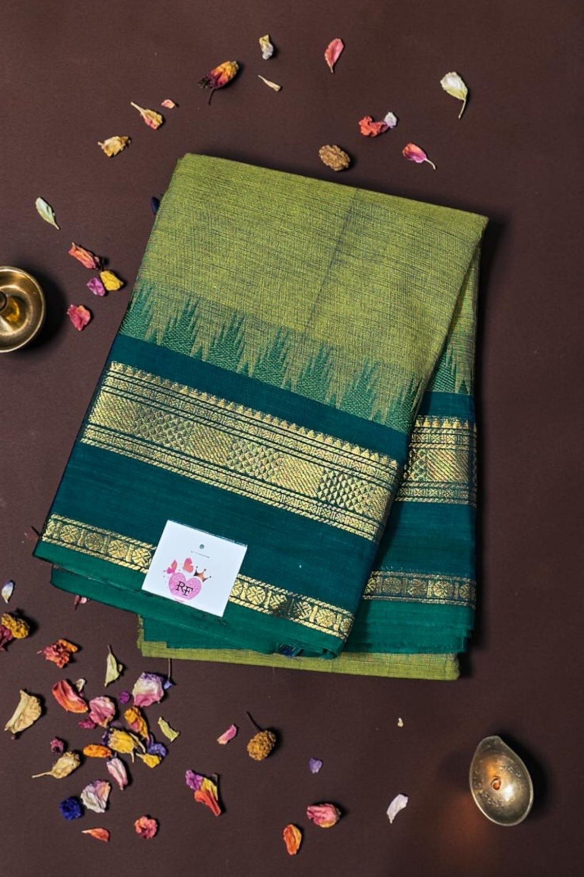 Elegant Olive Green Cotton Saree with Midnight Green Border