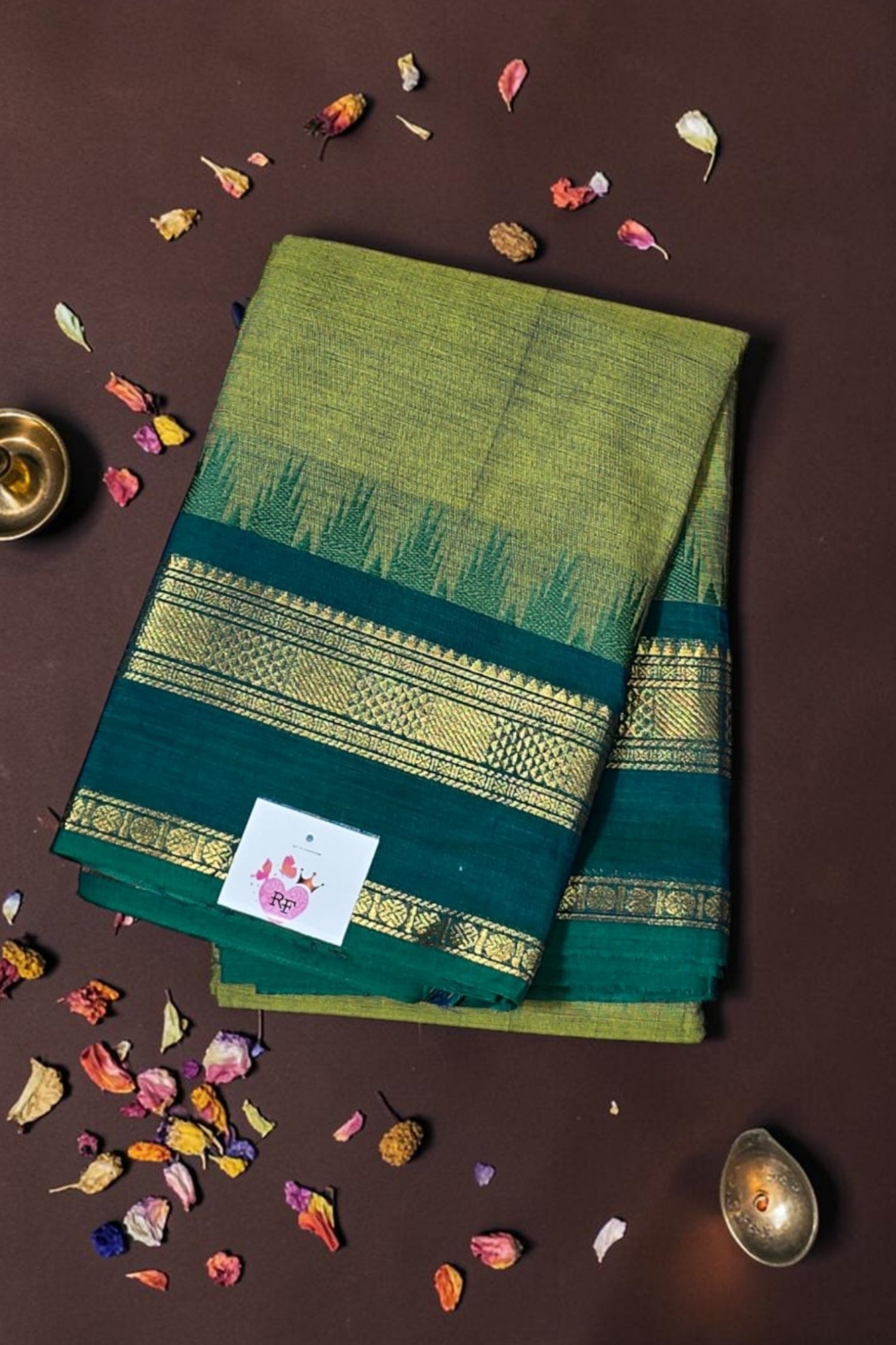 Elegant Olive Green Cotton Saree with Midnight Green Border
