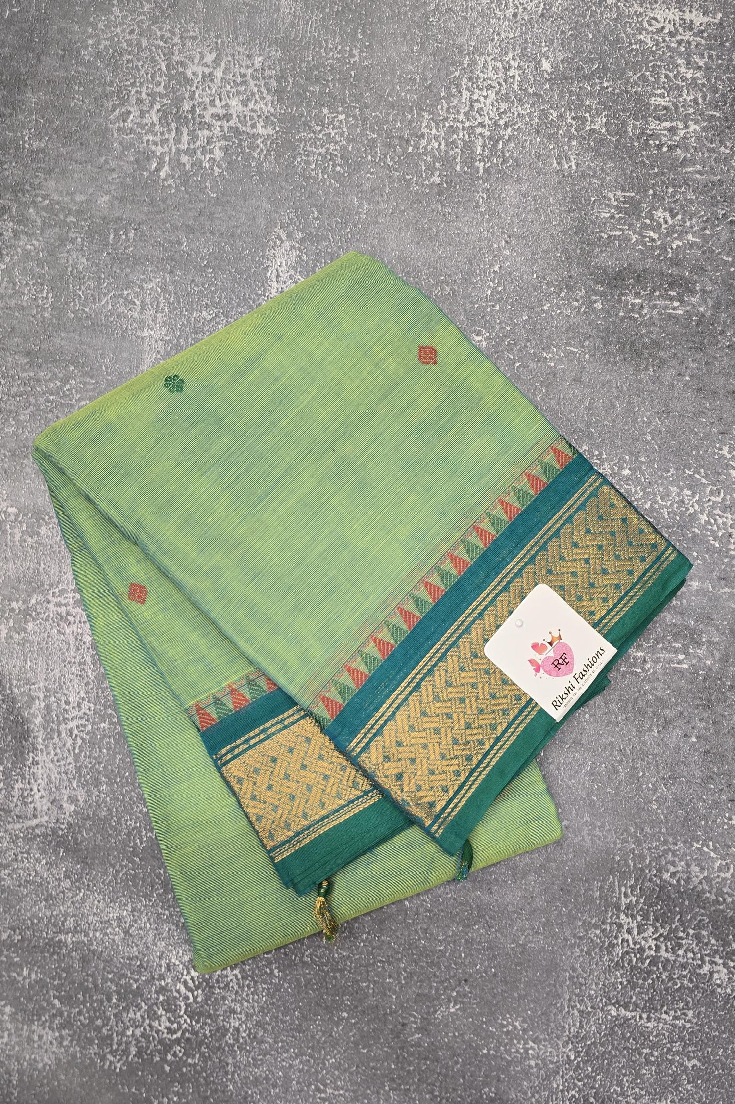 Graceful Parrot Green Cotton Saree with Dark Green Border