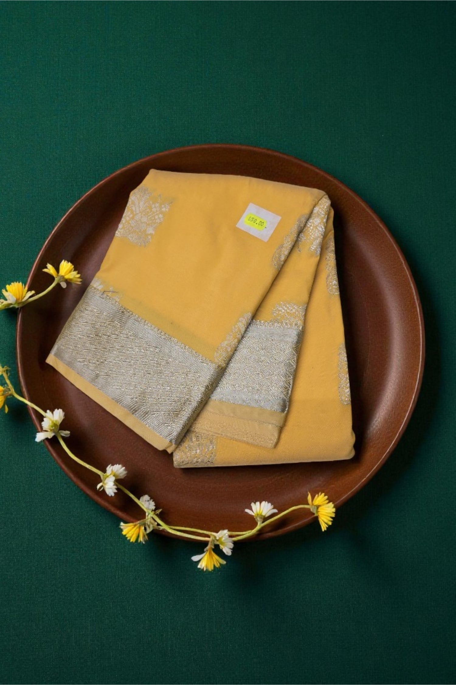 Radiant Yellow Semi Silk Saree with Elegant Silver Patterns