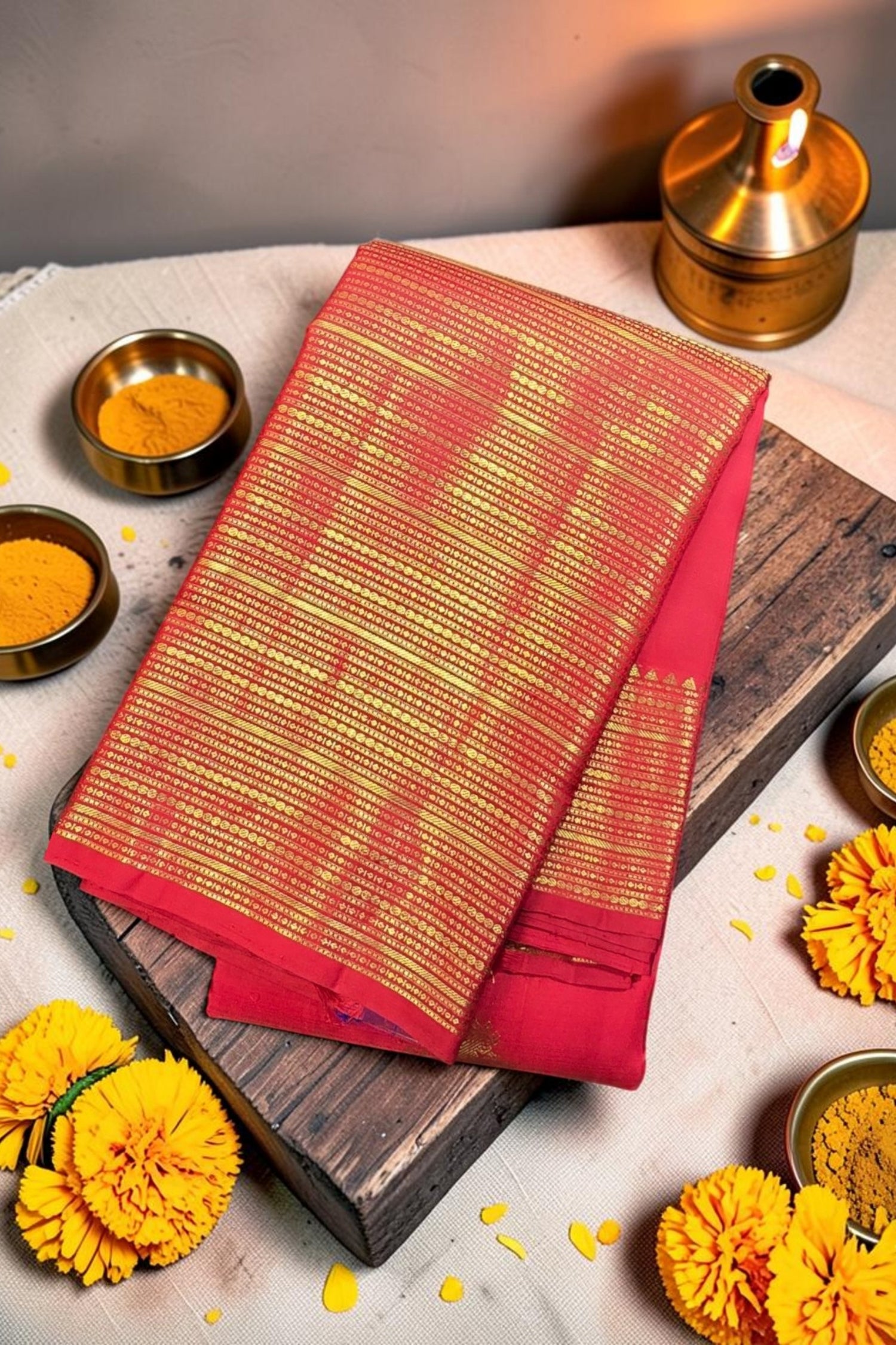 Red and gold saree on a wooden board with yellow flowers and spices on a light background