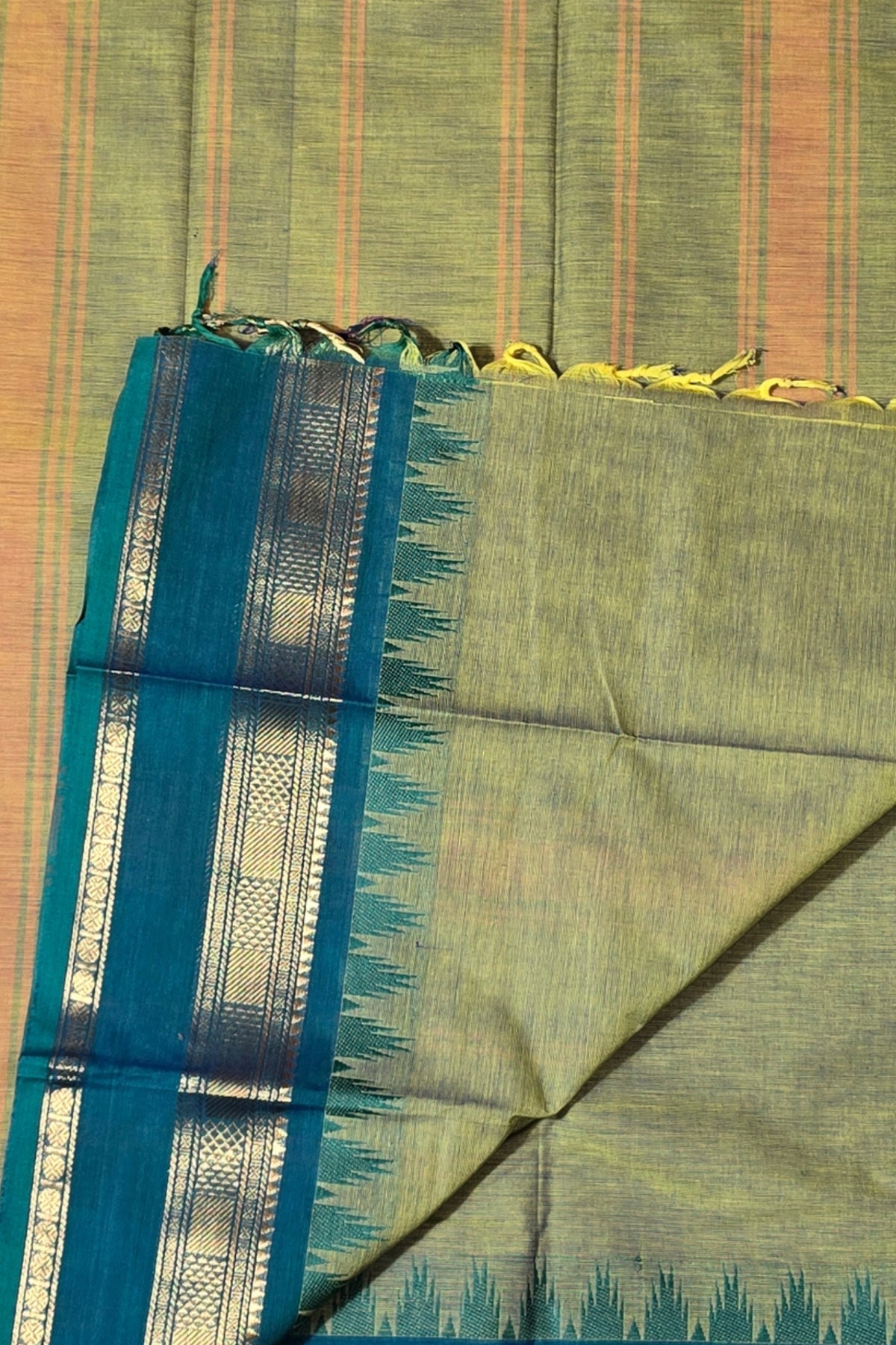 Elegant Olive Green Cotton Saree with Midnight Green Border