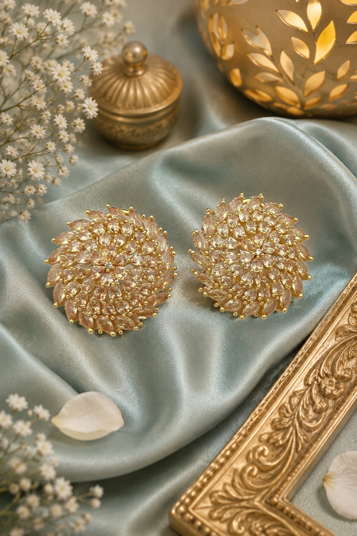 Royal Gold-Plated Floral CZ Cluster Stud Earrings