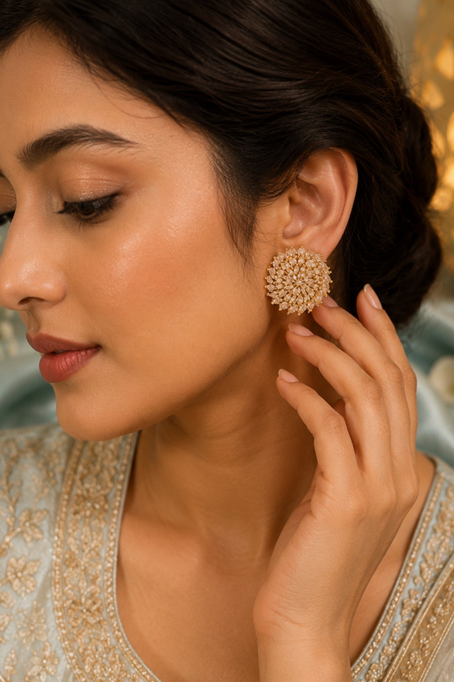 Royal Gold-Plated Floral CZ Cluster Stud Earrings