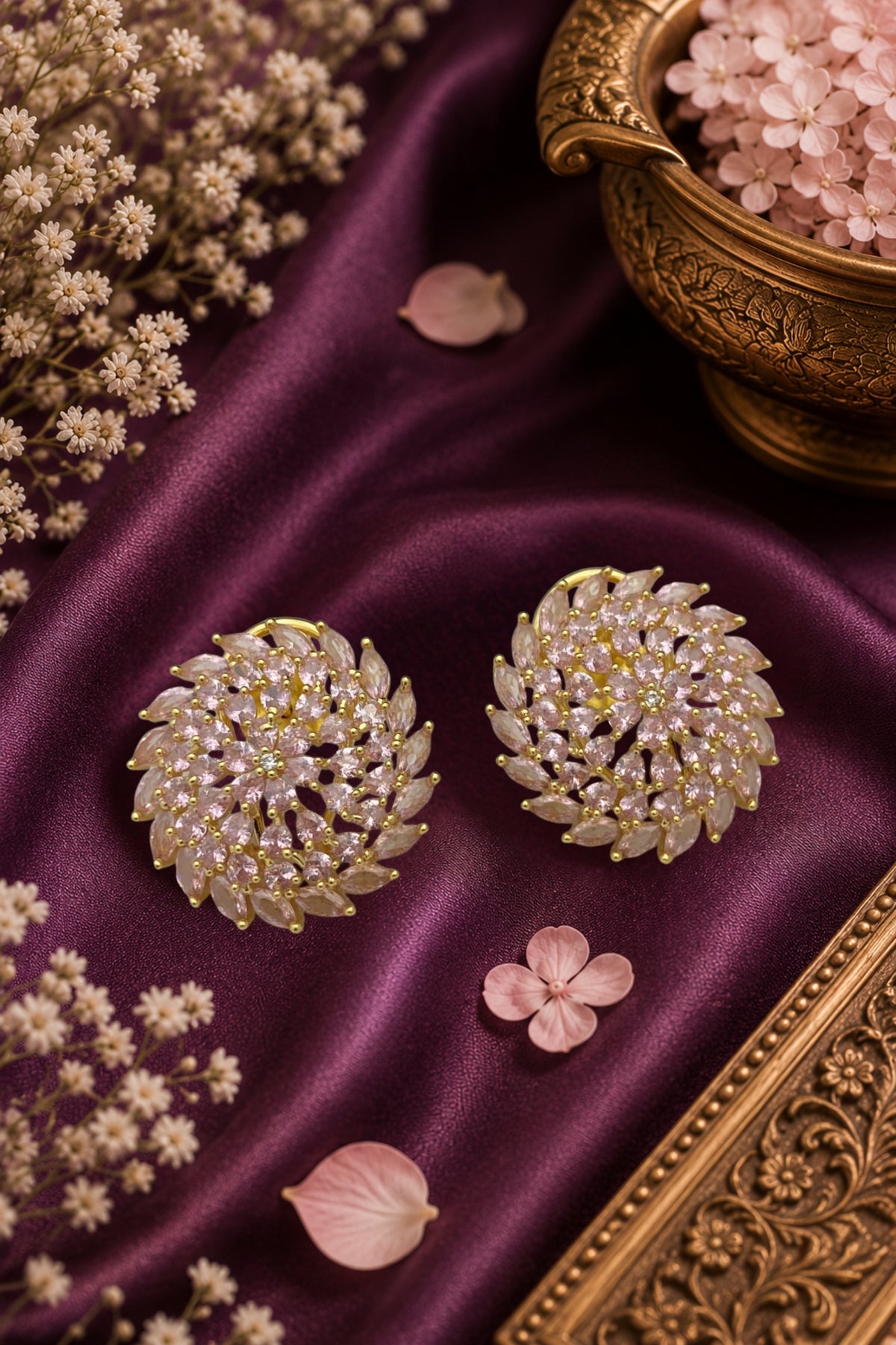 Royal Gold-Plated Floral White CZ Cluster Stud