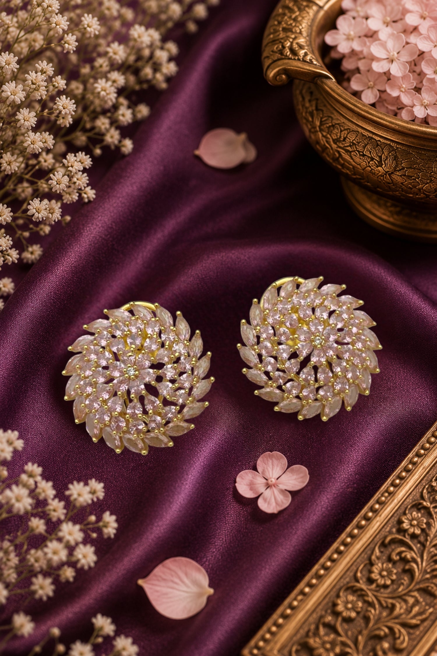 Royal Gold-Plated Floral White CZ Cluster Stud