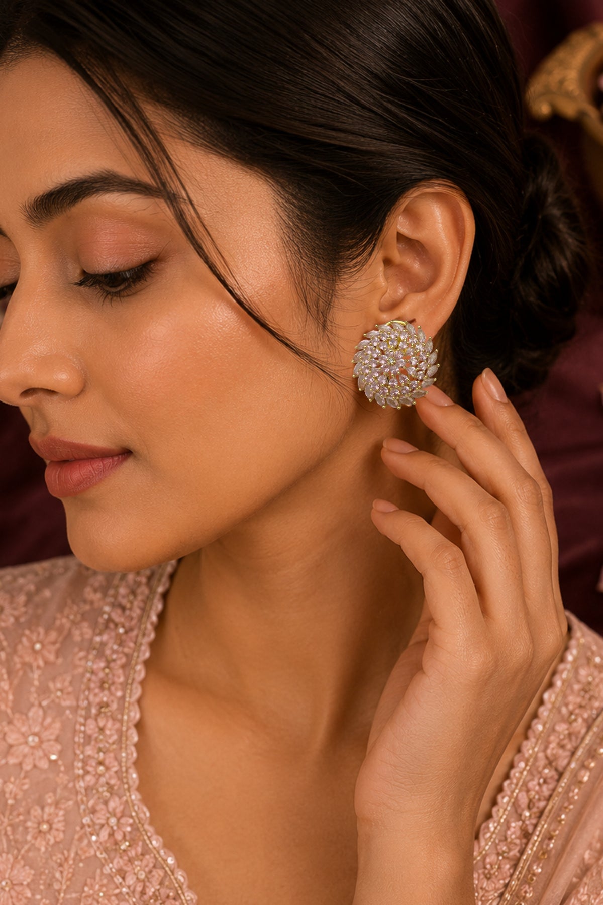 Royal Gold-Plated Floral White CZ Cluster Stud