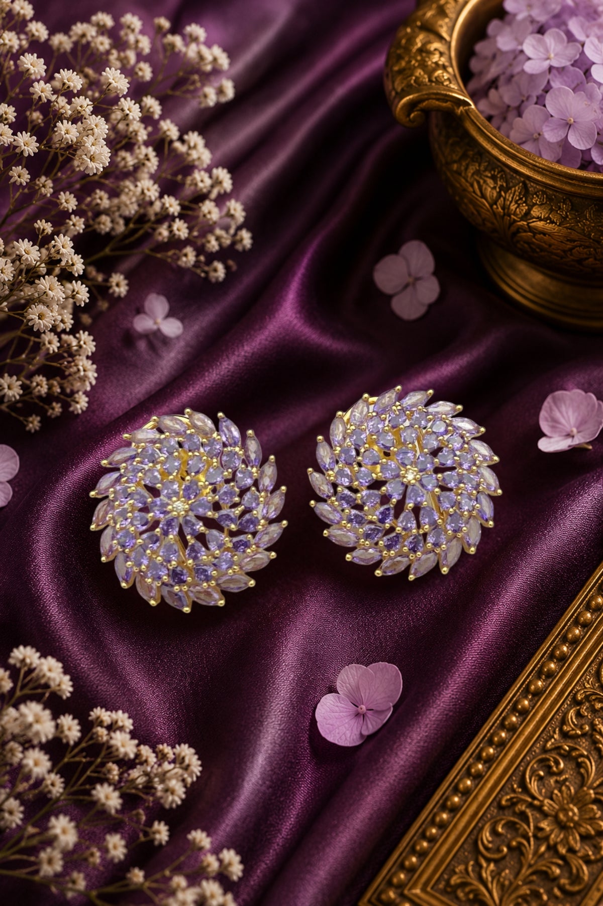 Royal Gold-Plated Floral Purple CZ Cluster Stud Earrings