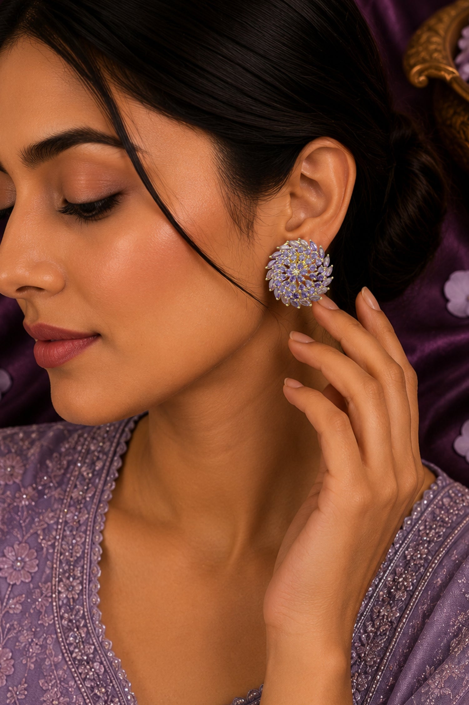 Royal Gold-Plated Floral Purple CZ Cluster Stud Earrings