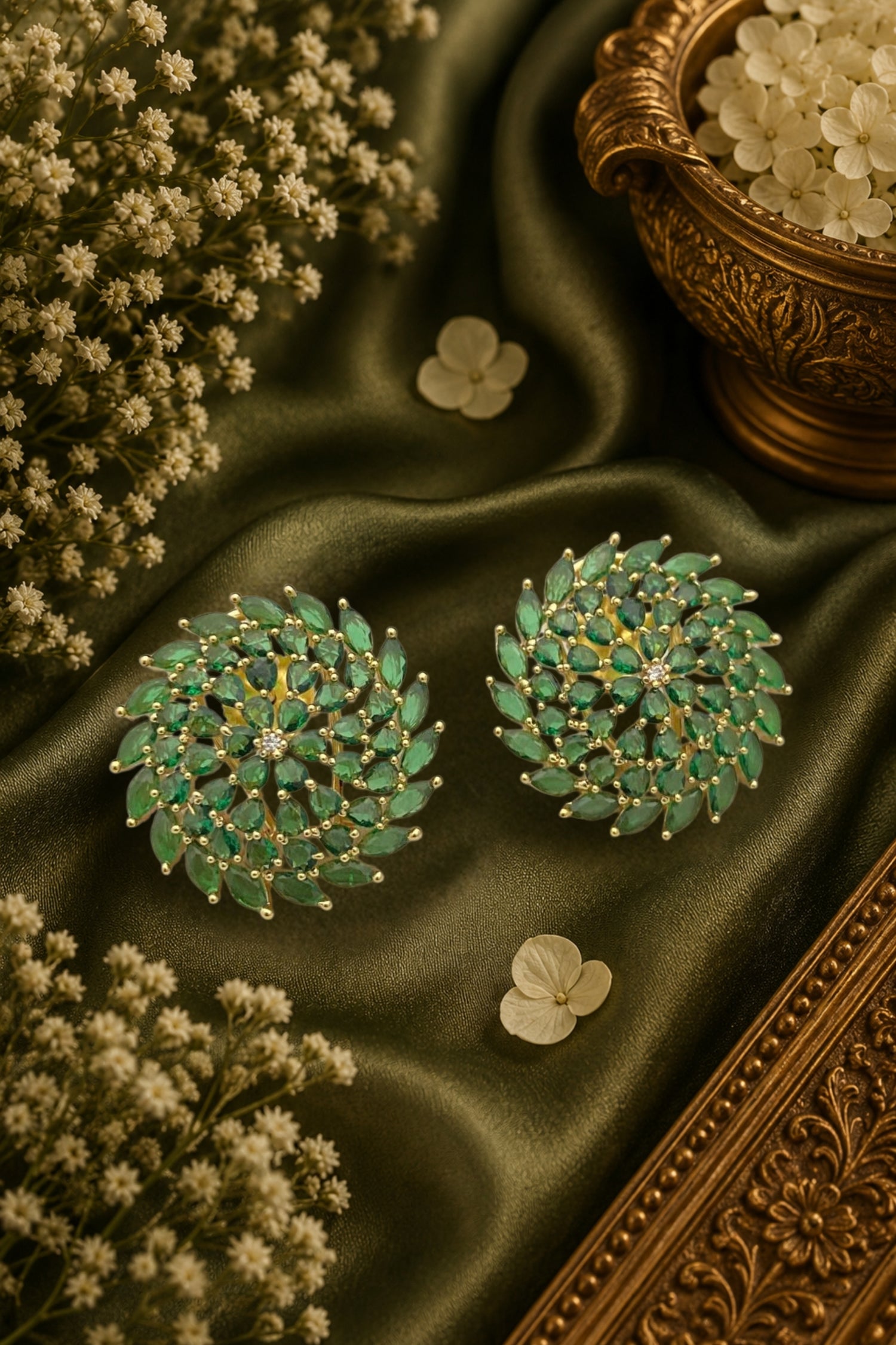 Royal Gold-Plated Floral Green CZ Cluster Stud Earrings