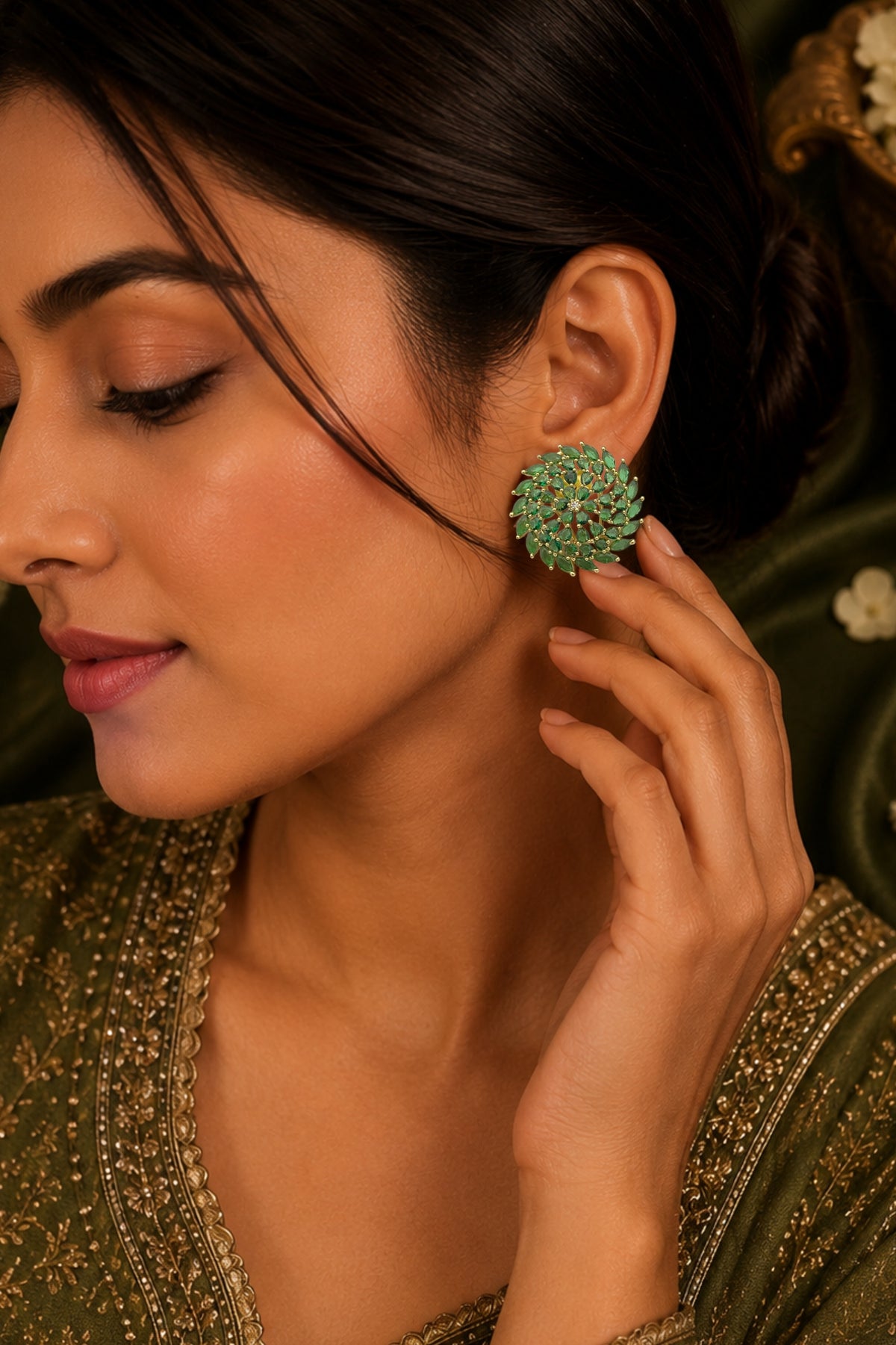 Royal Gold-Plated Floral Green CZ Cluster Stud Earrings