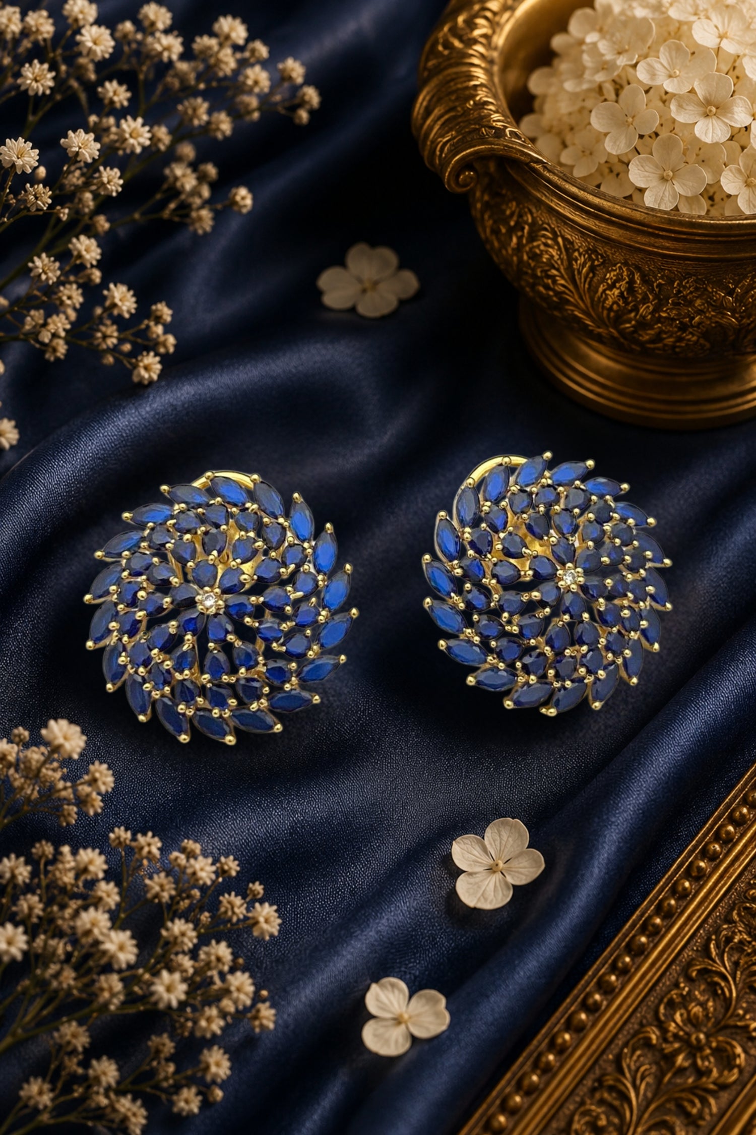 Royal Gold-Plated Floral Royal Blue CZ Cluster Stud Earrings