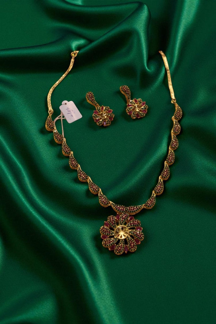 Royal Radiance Pink & Green Stone Neckalce with Earrings
