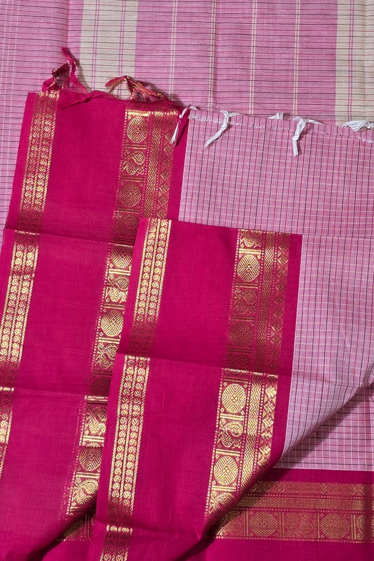 Graceful Light Pink Checked Cotton Saree with Dark Pink Broad Border