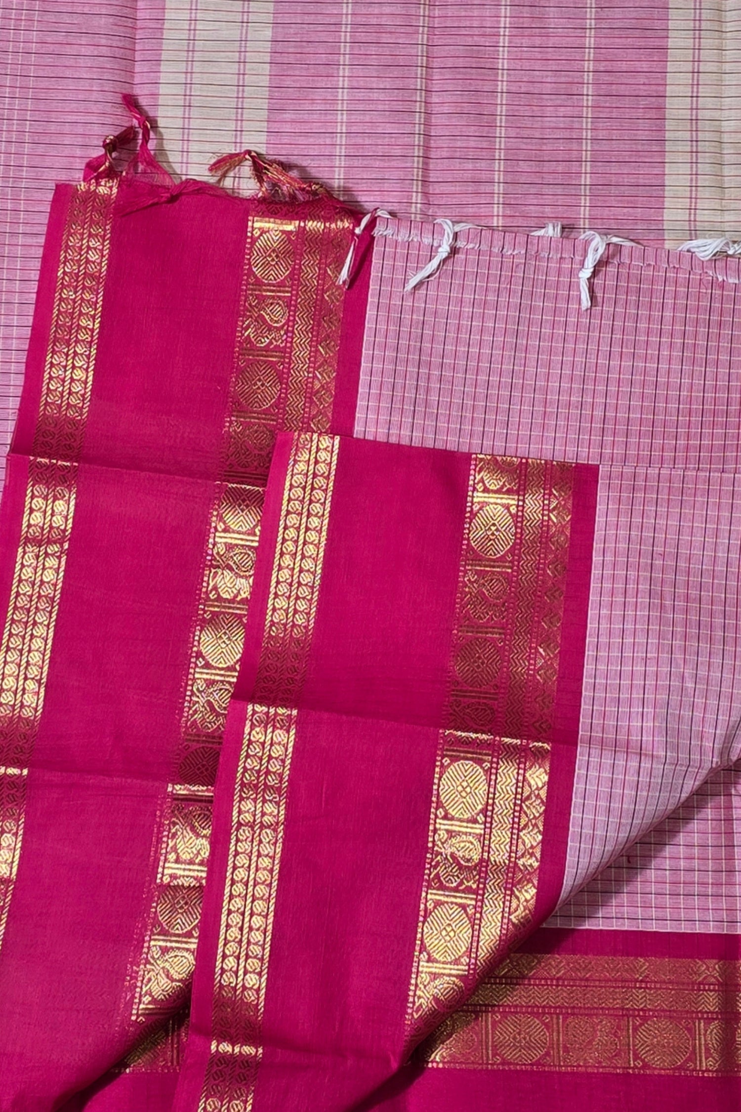 Graceful Light Pink Checked Cotton Saree with Dark Pink Broad Border