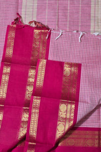 Graceful Light Pink Checked Cotton Saree with Dark Pink Broad Border