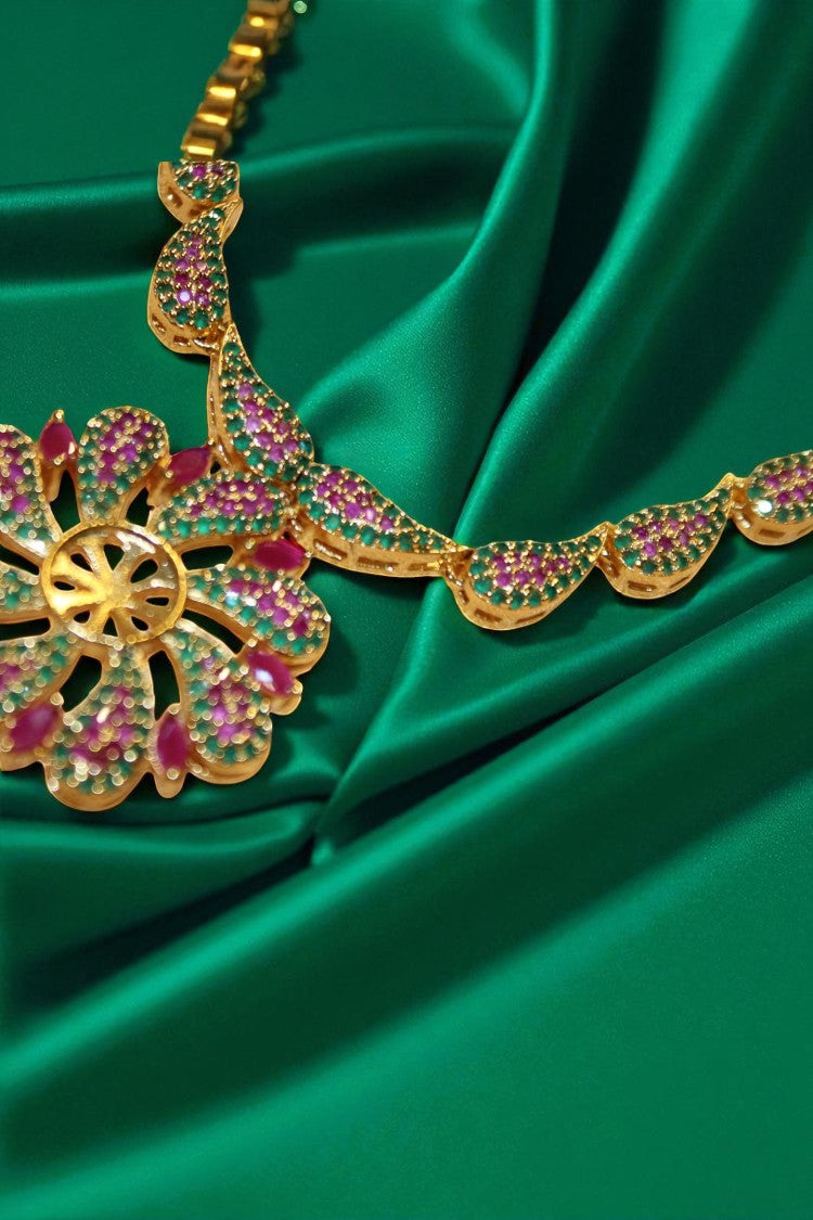 Royal Radiance Pink & Green Stone Neckalce with Earrings
