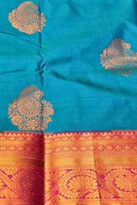 Blue fabric with gold and red patterns